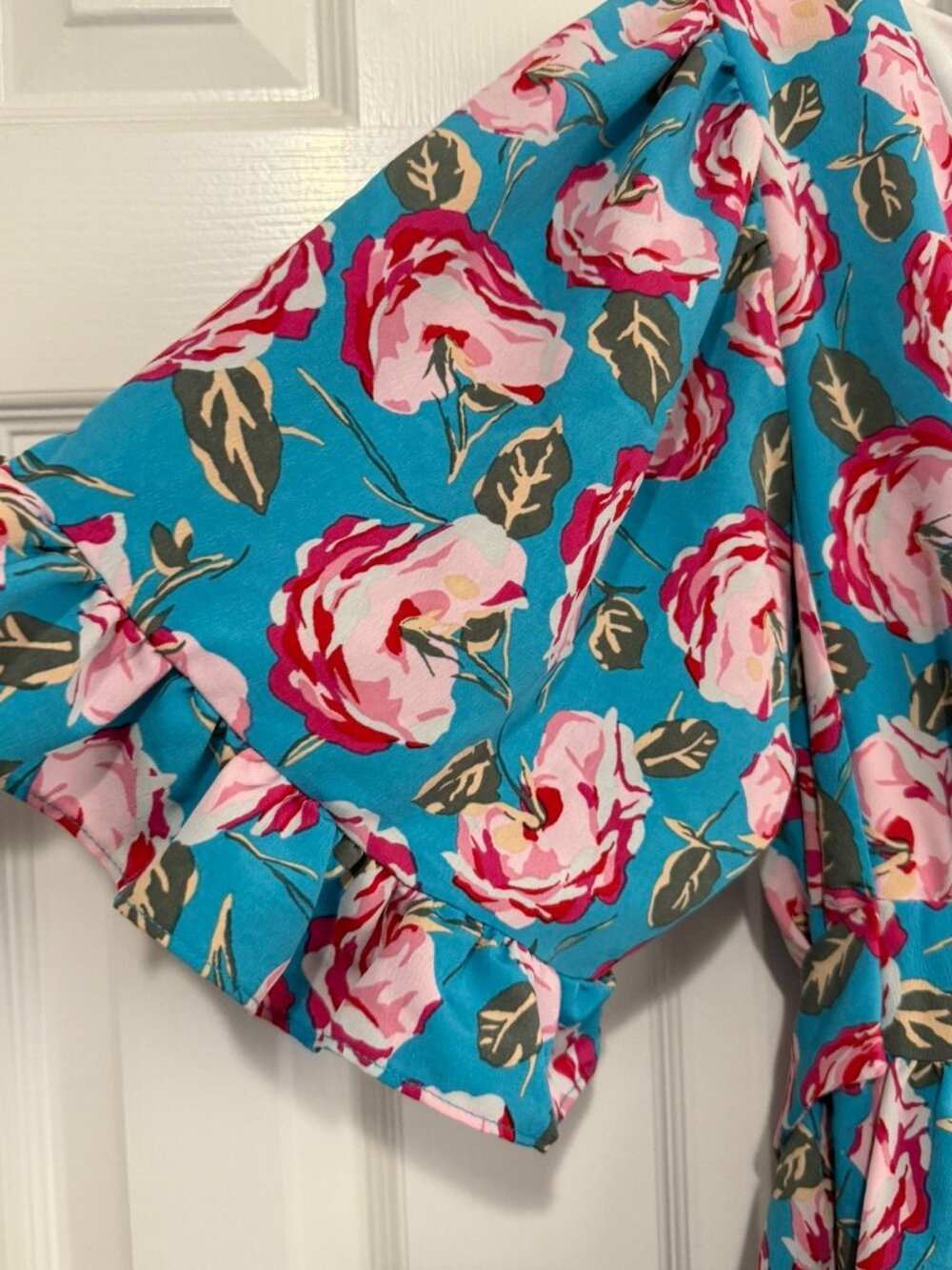 Betsey Johnson Size 12 V-Neck Bell Sleeve Floral Short Dress Island Blue - Picture 4 of 8